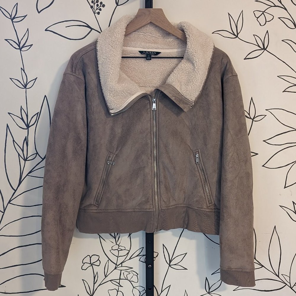 Lauren Ralph Lauren Taupe Bomber Jacket with Cream Sherpa Collar